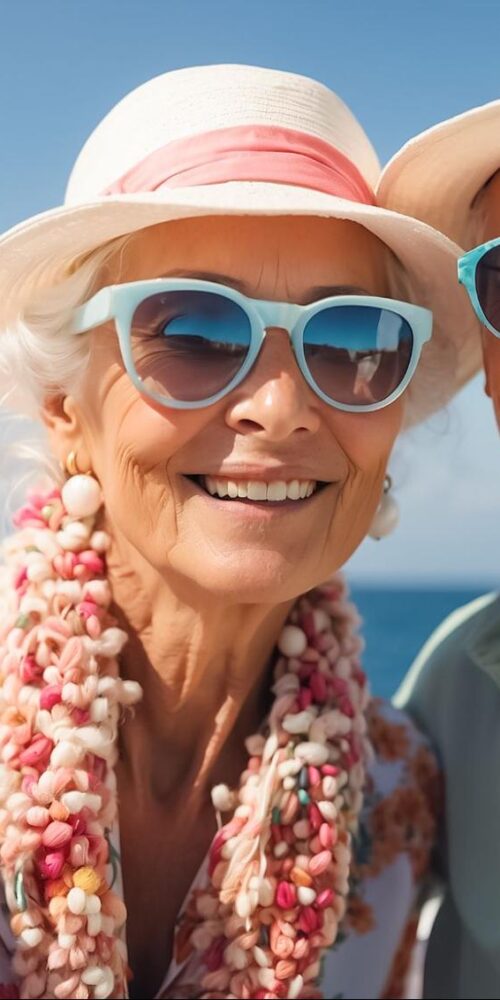 A smiling senior couple enjoying a sunny day on a yacht, wearing summer hats and colorful clothing, symbolizing a carefree retirement lifestyle.