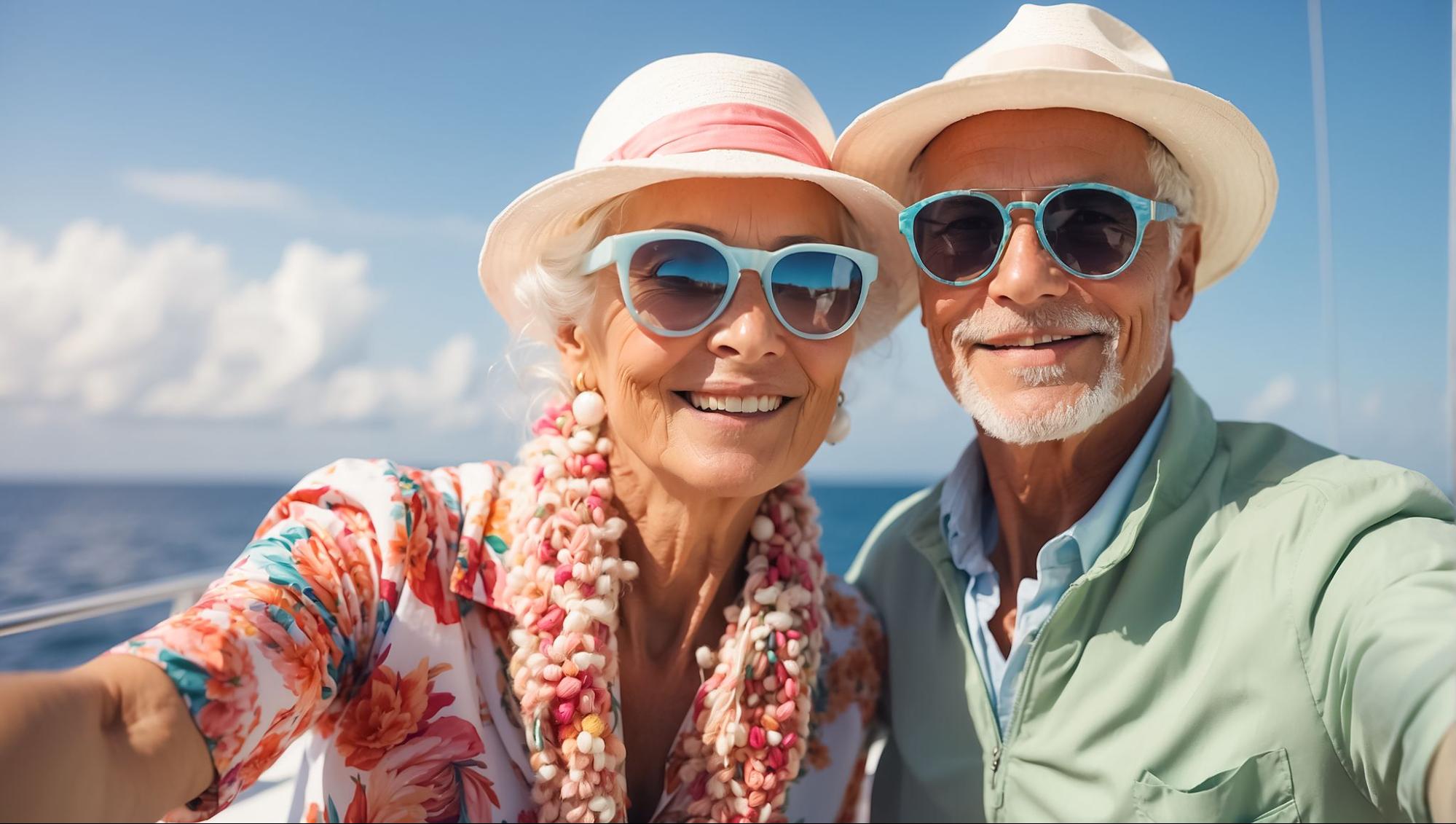 A smiling senior couple enjoying a sunny day on a yacht, wearing summer hats and colorful clothing, symbolizing a carefree retirement lifestyle.